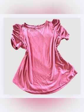 Retrology Pink Puffed Sleeve Embellished Blouse, Rhinestone Neckline, Size L